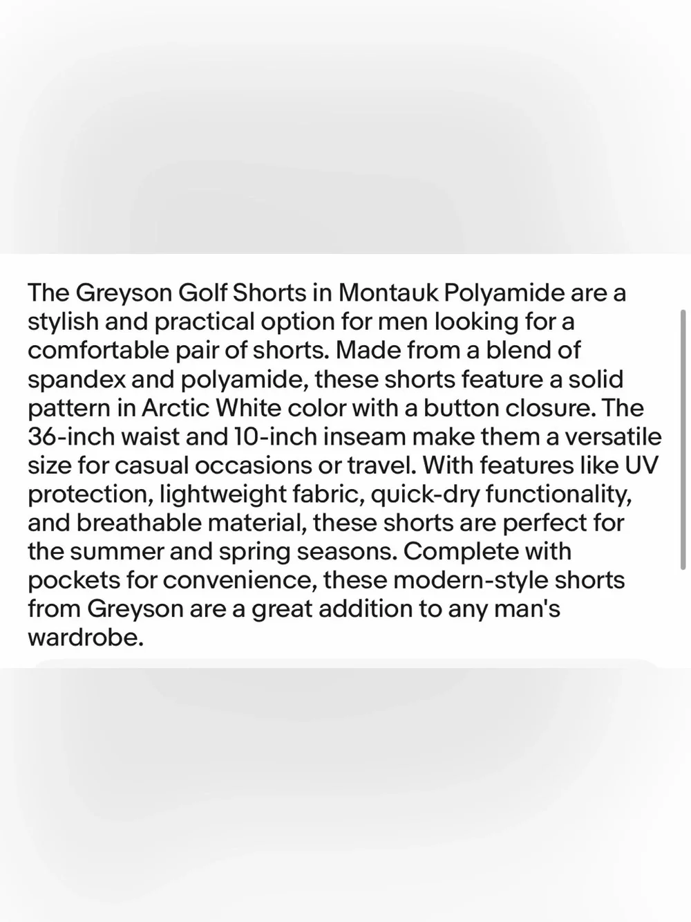 Greyson Golf Shorts Montauk Polyamide 36 x 10 Arctic White NWT MSRP $118